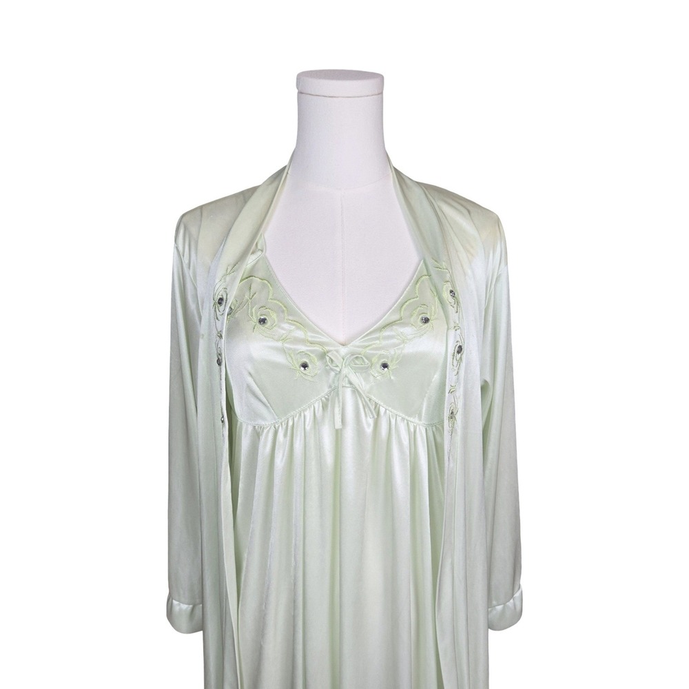 Sindrella Vintage Nightgown Robe Set Mint Green Embroidered Rhinestone MD Satin